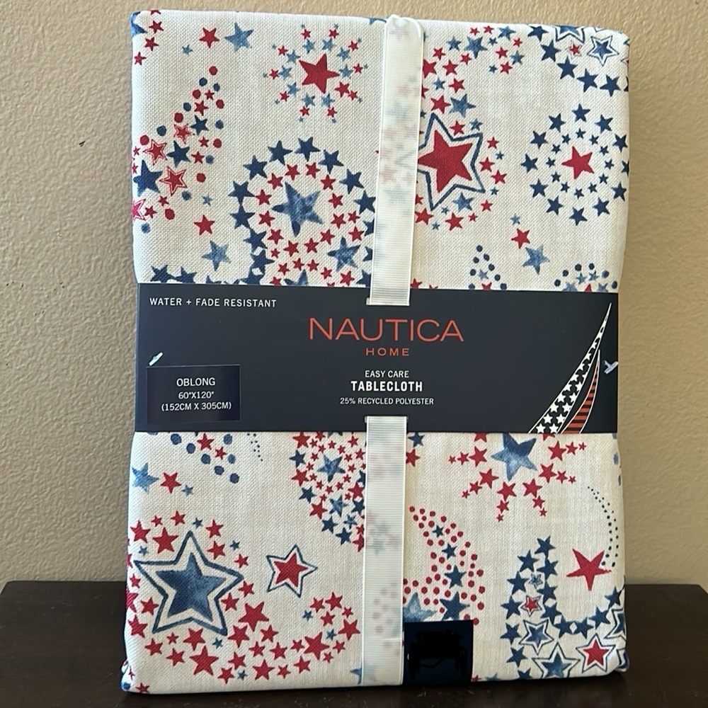 Nautica Tablecloth Americana Red White Blue 4th of July 60”x 120” Stars Paisely